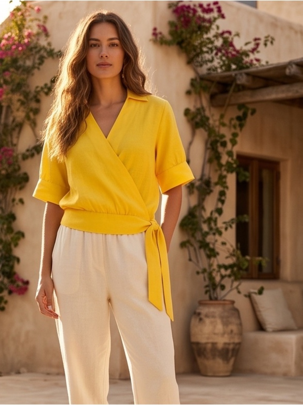 Trina Turk Chic Mood Lifting Bright Yellow Wrap Blouse Cotton & Silk Resort